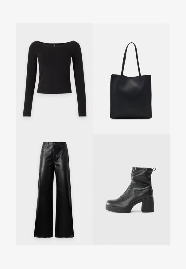 Schwarzes Langarmoberteil mit einem Bootsausschnitt, tailliertem Schnitt und weichem Baumwollmaterial, ohne sichtbare Muster oder Beschläge.; Schwarze leichte, weit geschnittene, hochtaillierte Kunstlederhose mit vorderem Knopf, Reißverschluss, Gürtelschlaufen und Seitentaschen auf weißem Hintergrund.; Schwarze Stiefeletten aus glattem Leder mit seitlichem Reißverschluss, klobigem strukturiertem Absatz und runder Zehenform.; Schwarze Laptoptasche aus Leder mit glatter Textur, rechteckiger Form und zwei langen Griffen. Keine sichtbaren Beschläge oder Verzierungen.