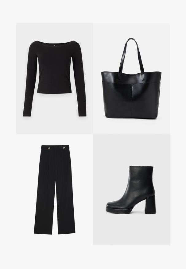 Camisola preta de manga longa com decote barco, design justo e material de algodão suave, apresentando não padrões visíveis ou ferragens.; Calças largas pretas com cintura alta, detalhes em botão na cintura e pregas frontais.; Bota de couro preta até ao tornozelo com salto bloco e sola com plataforma, vista de lado sobre um fundo branco liso.; Bolsa tote preta em couro com duas alças longas, textura suave e forma estruturada. Apresenta um bolso frontal para armazenamento adicional.