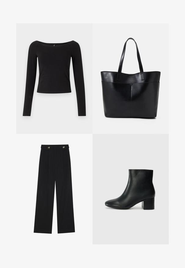 Zwarte lange mouw top met een bootnek, aansluitend ontwerp en zachte katoenen stof, zonder zichtbare patronen of hardware.; Zwarte wijde broek met hoge taille, knoopdetails op de tailleband en plooien aan de voorkant.; Zwarte leren enkellaarzen met een spitse neus en een chunky hak. Gladde textuur met minimale accenten en een slank, strakk ontwerp.; Zwarte leren tote bag met twee lange handvatten, een zachte textuur en een gestructureerde vorm. Voorzien van een voorvak voor extra opslagruimte.