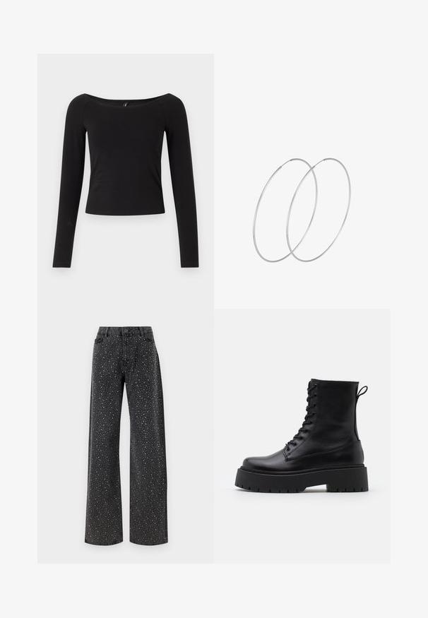 Maglietta nera a maniche lunghe con scollatura a barca, design aderente e materiale in cotone morbido, senza motivi visibili o accessori.; Noisy May NMJANNEL LOOSE - Jeans baggy - black denim; Stivaletti in pelle nera alla caviglia con punta rotonda, lace-up frontale e suola in gomma spessa con battistrada textured. Tassello sul retro.; Orecchini a cerchio in argento con un design minimalista. Forma circolare, superficie liscia e profilo sottile. Leggeri con una finitura lucida.