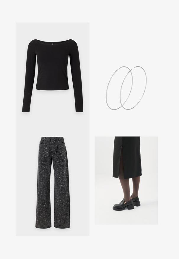 Čierna blúzka s dlhým rukávom a lodičkovým výstrihom, priliehavý strih a mäkký bavlnený materiál, bez viditeľných vzorov alebo kovania.; Noisy May NMJANNEL LOOSE - Džínsy voľného strihu - black denim; Čierne kožené topánky s okrúhlou špičkou, silným blokovým opätkom a elastickými bočnými akcentmi, skombinované s tmavými pančuchami a čiernou sukňou so štiepením.; Strieborné kruhové náušnice s minimalistickým dizajnom. Cirkulárny tvar, hladký povrch a tenký profil. Ľahké s lesklým povrchom.