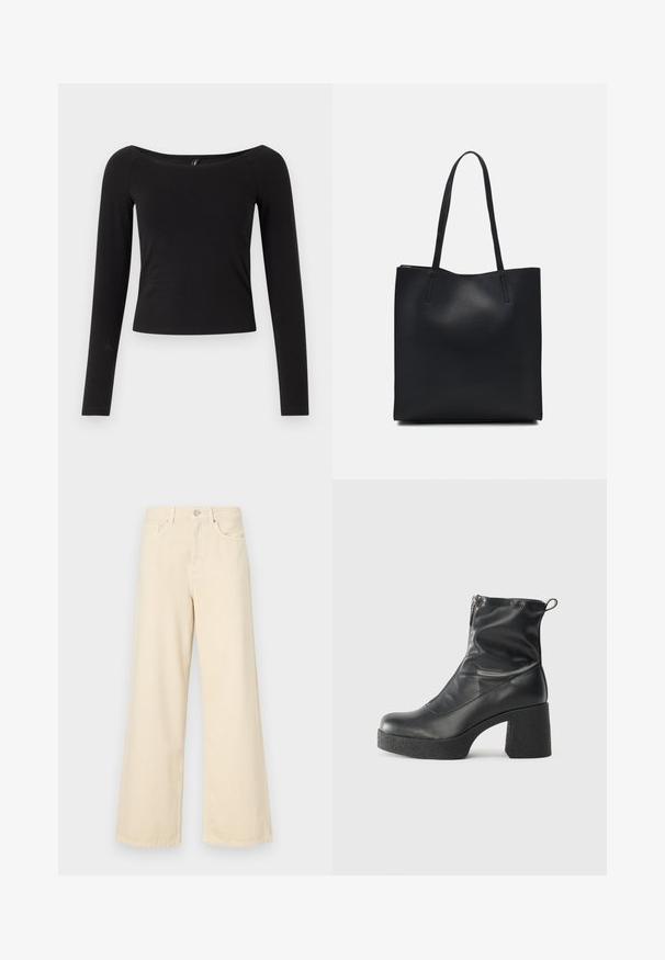 Juodas ilgomis rankovėmis marškinėliai su plačiu iškirpimu, prigludusio dizaino ir minkštos medvilnės medžiagos, be matomų raštų ar metalinių detalių.; Bežinės plačios kojos džinsai, pagaminti iš medvilnės. Turintys sagos uždarymą, diržo kilpas ir priekinės kišenes su lygia, švelnia tekstūra.; Juodos kulkšninių botai, pagaminti iš lygaus odos, su šoniniu užtrauktuku, masyviu tekstūruotu kulnu ir apvaliu pirštu.; Juodas odinis tote krepšys su lygia tekstūra, stačiakampio formos ir dviem ilgais rankenomis. Matomų metalinių detalių ar puošybos nėra.