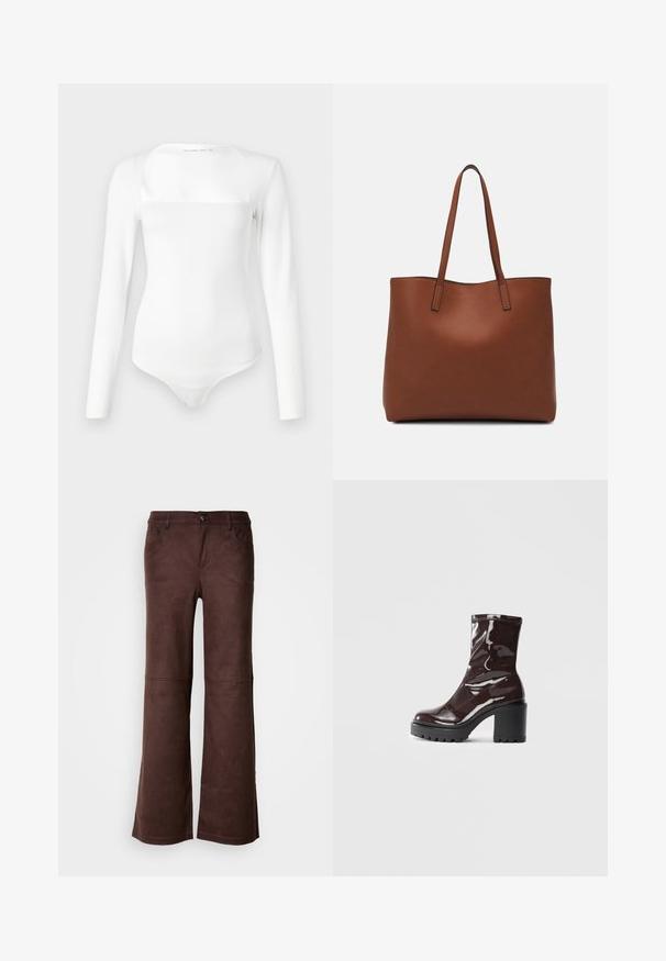 Body à manches longues blanc avec un décolleté carré, fabriqué dans un matériau lisse. Il présente une silhouette ajustée et une fermeture à pression en bas.; Pantalons évasés marron en tissu doux semblable à du daim. Comprend quatre poches, une fermeture à bouton et une surface lisse et texturée.; Bottines bordeaux brillantes à talon épais noir, avec une texture lisse et un design simple. Aucune fermeture visible ni motifs.; Sac fourre-tout en cuir marron avec une texture lisse, design à ouverture supérieure et deux poignées pour le porter à l'épaule. Présente des coutures minimales et aucun matériel visible.
