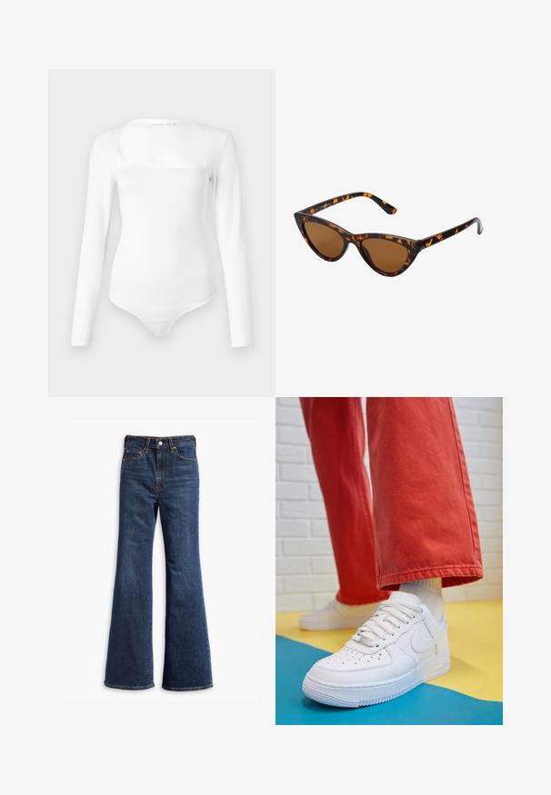 Body bianco a maniche lunghe con scollo quadrato, realizzato in un materiale liscio. Presenta una silhouette aderente e una chiusura a pressione sul fondo.; Jeans in denim blu scuro a vita alta con gamba a zampa d'elefante, chiusura frontale con bottone e zip, e design a cinque tasche.; Sneaker bianco in pelle con punta perforata, suola testurizzata e lacci bianchi, abbinati a pantaloni rossi larghi e uno sfondo blu e giallo.; Occhiali da sole cat-eye con una montatura tartarugata nera e arancione, lenti marroni e punte affusolate e eleganti. Presentano un logo minimale sulla asta.