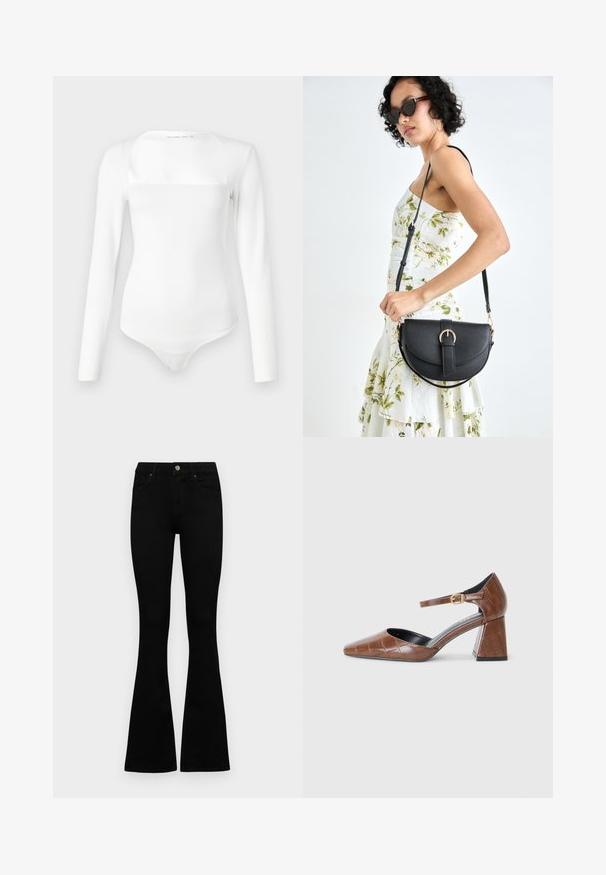 White long-sleeve bodysuit with a square neckline, made from a smooth material. Features a fitted silhouette and snap closure at the bottom.; Black high-waist jeans with a button and zip closure, front pockets, and flared legs laid flat on a white background.; Brown patent leather pump with a square toe, textured croc pattern, ankle strap with gold buckle, and a chunky heel.; Black leather handbag with a curved shape, detachable strap, and gold hardware. The bag features a flap with a buckle detail.