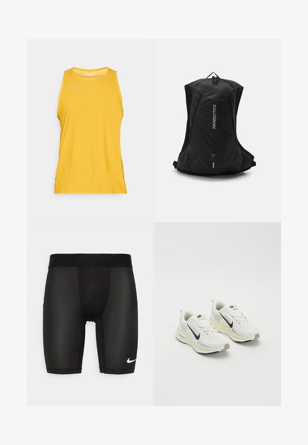 Gul atletisk tank topp i lett stoff med rund hals. Den har en glatt tekstur og minimalistisk design, egnet for sport.; Svart treningsshorts laget av glatt, elastisk stoff. Har en bred linning med preget merkevare og en liten hvit logo på benet.; Løpesko laget av hvit pustende mesh med lysegrå detaljer. Har en svart swoosh-logo og en lysegrå gummisåle.; Salomon CROSS 8 - Ryggsekk - black