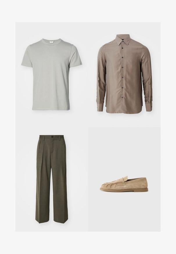 Īsām piedurknēm T-krekls gaiši pelēkā kokvilnā ar apaļu kakla izgriezumu un taisnu apakšmalu. Gluda tekstūra, bez rakstiem vai redzamām detaļām.; Ilgi piedurkņu krekls pelēkā krāsā, izgatavots no gludas auduma, ar pogājamu priekšpusi un tumšām pogām, ar mazu logotipu uz krūšu vietas.; Filippa K WIDE TROUSERS - Auduma bikses - driftwood; Beige zamšainie slip-on loaferi ar saplacinātu dizainu, ar plakanu zoli un dekoratīvu siksniņu pār virsu. Gluda tekstūra.