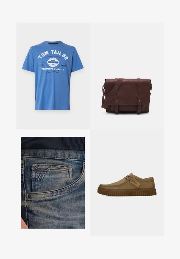 Modré tričko s krátkým rukávem vyrobené z bavlny. Obsahuje potištěný text s názvem "TOM TAILOR" a logem. Klasický kulatý výstřih a rovný lem.; Modré džínové kalhoty s vybledlou texturou, s mincovní kapsou a černým logem na přední straně. Pas má tmavě námořnický modrý žebrovaný materiál.; Světle hnědé suede boty s kulatou špičkou, prošívanými detaily a ribbovanou hnědou gumovou podrážkou. Disponují bočním štítkem s logem "Clarks".; Hnědá kožená taška přes rameno s plochým předním klopem, dvěma popruhy, zlatými kovovými detaily a nastavitelným ramenním popruhem.