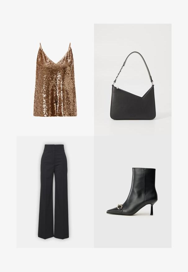 Pronksist sädelev topsi, millel on reguleeritavad sangad, V-kaelus ja lõdve täiendus, esitleb säravat, tekstuurset pinda.; Mustad püksid mustast kangast kõrge vöökohaga, millel on puhas viimistlus ja sile tekstuur. Ei mingit nähtavat riistvara ega mustreid.; Must mustanvärvi nahast pahklinetopp, millel on terav nina, peen keskmise kõrgusega konts ja hõbedane keha detail külgedel, taustal lihtne taust.; Mustmust mustra kott, millel on kolmnurkne kuju, õhuke rihm ja hõbedased detailid. Omab tõmblukuga sulgemist ja reljeefset logo esiklapi peal.