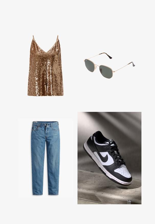Camisole en bronze ornée de sequins avec des bretelles réglables, présentant un décolleté en V et une coupe fluide, exhibant une surface texturée et scintillante.; Jean en denim bleu avec une coupe droite, dotés d'une fermeture éclair, de deux poches avant et d'un léger délavage sur l'ensemble du tissu.; Sneaker Nike Dunk Low en noir et blanc avec tige en cuir, boîte à orteils perforée et lacets noirs, dotée d'une semelle blanche et d'accents de logo.; Lunettes de soleil en métal doré avec des verres vert foncé, de style aviateur, dotées de branches fines et d'accents en écaille de tortue sur les embouts.; Sac fourre-tout noir avec motif géométrique, fabriqué à partir de matériau texturé. Dispose de poignées robustes et d'une étiquette, forme structurée.