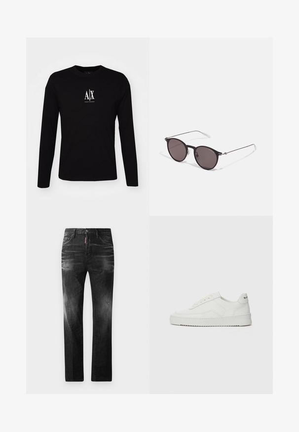 Crna majica dugih rukava od pamuka s okruglim izrezom. Ima bijeli logotip "A|X" u središtu prsnog dijela. Jednostavan dizajn, minimalni akcenti.; Crne traperice od denima ravnog kroja. Imaju izbljedjela područja, male oštećenja, klasičan dizajn s pet džepova i kopčanje na dugme.; Bijele kožne tenisice s glatkom površinom, okruglim vrhom, ravnim vezicama i teksturiranom potplatom. Imaju suptilan logo na peti.; Crne okrugle sunčane naočale s tamnim staklima i tankim metalnim ručkama. Uključuju prozirne vrhove ručki i srebrne naglaske na šarkama. Minimalistički dizajn.
