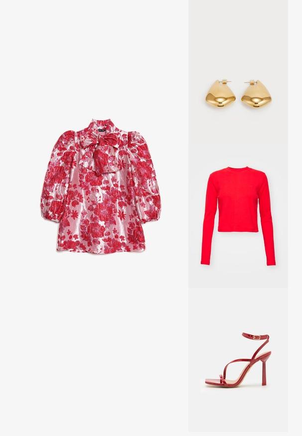 Red long-sleeve crop top with textured fabric, round neckline, and subtle logo detail on the chest. Smooth finish and fitted shape.; Red floral blouse with puff sleeves, high neck, and bow detail. Made of shiny fabric with a pattern of large flowers on a pink background.; ALDO SCINTILLA - High heeled sandals - red; Red leather shoulder bag with a smooth texture, curved design, and a decorative buckle accent. Adjustable strap and zip closure.; Gold-tone metal earrings with a smooth, rounded triangular shape and post-back design; reflective surface with minimal detailing.