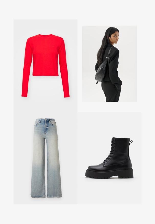 Crveni kratki pulover s dugim rukavima od teksturirane tkanine, okrugli izrez i suptilan detalj s logotipom na prsima. Glatka površina i uski kroj.; Svijetloplave široke traperice od denima, s visokim strukom, pet džepova i vidljivim šavovima duž šavova.; Crne kožne gležnjače s okruglim vrhom, vezanjem sprijeda i debelim gumenim potplatom s teksturiranim uzorkom. Tipa: traka za vuču na stražnjoj strani.; Žena s dugom tamnom kosom koja nosi crno odijelo, drži crnu kožnu torbu preko ramena i gleda unazad na bijeloj pozadini.