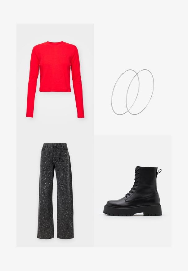 Rdeča dolgorolna majica s kratkim krojem, iz teksturirane tkanine, okroglim ovratnikom in diskretnim logotipom na prsih. Gladek zaključek in prilegajoča oblika.; Noisy May NMJANNEL LOOSE - Široke kavbojke - black denim; Črne usnjene gležnjarje z okroglo konico, vezalnim sprednjim delom in debelim gumijastim podplatom z teksturiranim profilom. Zanka na hrbtni strani.; Srebrne uhane v obliki obroča z minimalističnim dizajnom. Krožna oblika, gladka tekstura in tanek profil. Lahki s poliranim zaključkom.