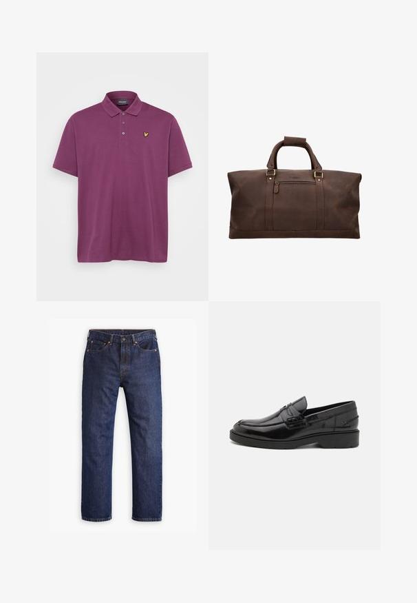 Polo-paita purppurasta puuvillasekoitteesta, jossa on klassinen kaulus, kolme nappia ja pieni keltainen logo vasemmassa rinnassa.; Tummansiniset suorat farkut, joissa on etunappi, vetoketjuhäntä, viisi taskua ja kupariset niittiyksityiskohdat.; Mustat nahkakengät, joissa on sileä pinta, pyöristetty kärki, matala korko ja koristeommel etupuolella. Kumiulkopohja pitoa varten.; Ruskogus nahast duffel kott kahe käepidemega, eesmine lukuga tasku ja tugevdatud õmblustega valgusel taustal.