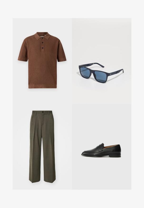 Brun strikket polo med teksturert mønster, korte ermer, placket med tre knapper, samt ribbestrikket krage og kant.; Filippa K WIDE TROUSERS - Bukse - driftwood; Svart skinnloafer med rund tå, subtilt sydd detaljering og lav hæl, med en glatt tekstur og minimalistisk design.; Blå rektangulære solbriller med mørke linser, matt marineblå ramme, logo-detajler på stengene, rette armer og en solid, glatt tekstur.
