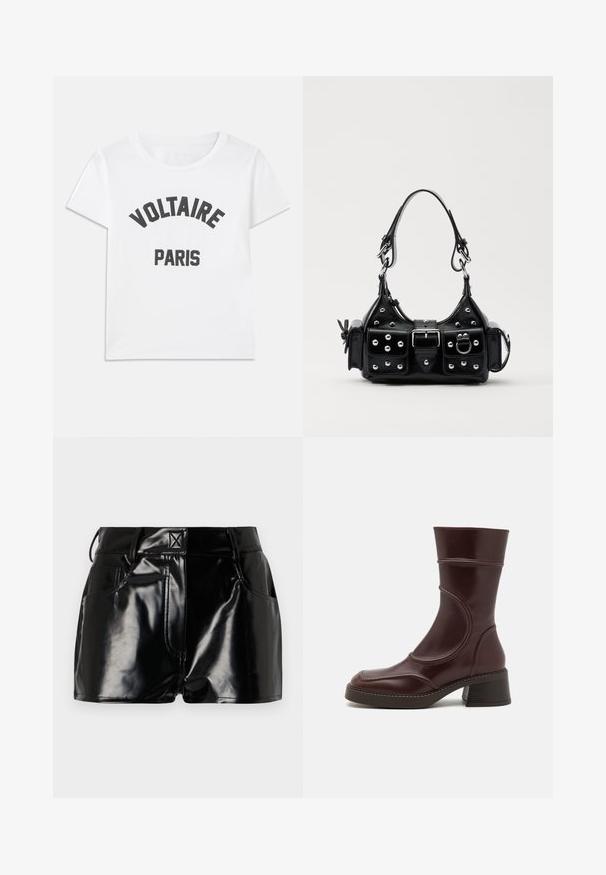 Balta kokvilnas T-krekls ar melnu grafiku, kurā rakstīts "VOLTAIRE" arku formā virs "PARIS". Īsās piedurknes un apaļa kakla izgriezuma forma.; Melnas, spīdīgas šorti, izgatavoti no sintētiskā materiāla. Iezīmētais viduklis, jostas cilpas un priekšējās kabatas ar izteiktām šuvju detaļām.; MIISTA MALENE - Klasiski puszābaki - brown; Melnas ādas rokturmais ar izliekumu, ar sudraba iedurtiem, sprādzi un divām sānu kabatām. Regulējams siksniņas garums dažādām nēsāšanas iespējām.