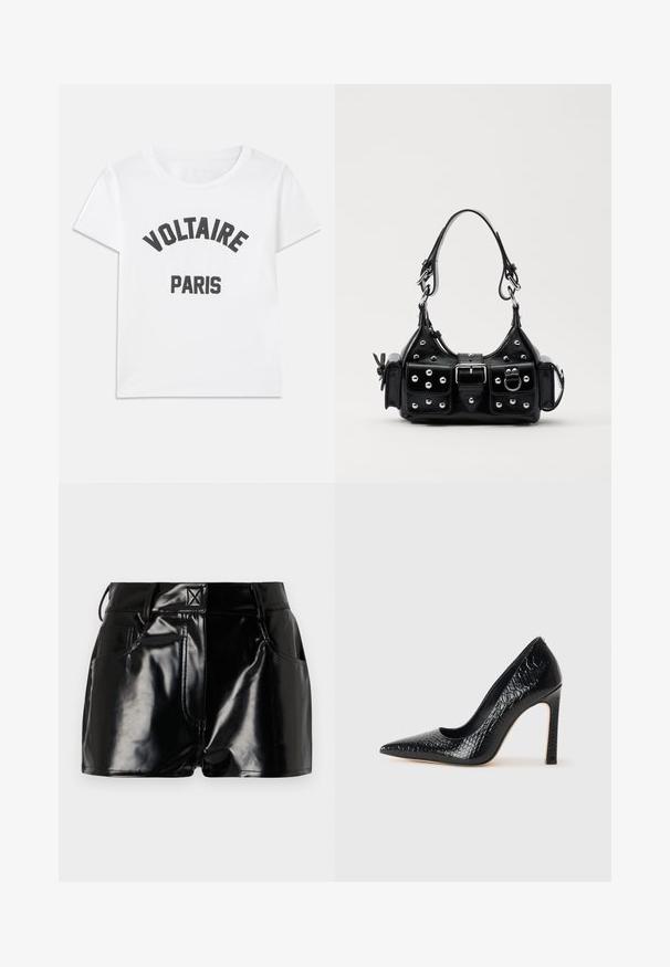 Fehér pamut póló, fekete grafikus felirattal, ami ívben olvasható: "VOLTAIRE", a "PARIS" felirat felett. Rövid ujjú és kerek nyakkivágású.; Fekete, fényes sort szintetikus anyagból. Jellemzője a fitted derék, övhurkok és elülső zsebek jellegzetes varrási részletekkel.; Fekete hegyes orrú magassarkú cipő krokodilbőr textúrával, letisztult dizájnnal, magas tűsarkú és sima fekete belső résszel.; Fekete bőr kézitáska ívelt designnal, ezüst szegecsekkel, csattal és két oldalsó zsebbel. Állítható vállpánt a hordozási lehetőségekhez.