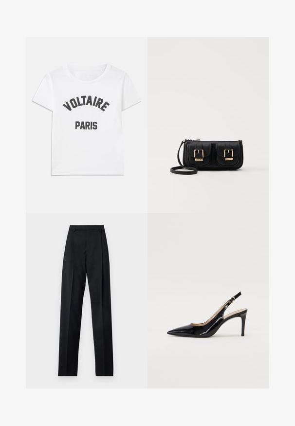 T-shirt bianco in cotone con grafica nera che riporta la scritta "VOLTAIRE" arcuata sopra "PARIS". Maniche corte e scollatura rotonda.; Pantaloni neri realizzati in tessuto morbido, caratterizzati da vita alta, gambe larghe, pince frontali e classiche passanti per cintura. Non ci sono tasche laterali visibili.; Pumps slingback in pelle verniciata nera con punta affilata, tacco sottile e un design con ritagli delicati. Caratterizzate da una fibbia dorata sul cinturino.; Borsa a tracolla nera in pelle con due tasche frontali, fibbie dorate, chiusura con zip e una tracolla sottile. Superficie texturizzata e forma rettangolare compatta.