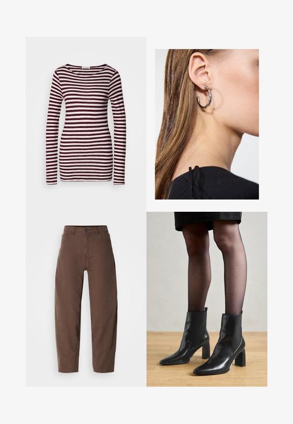Dlouhý rukáv s lodičkovým výstřihem, s horizontálními pruhy v barvách vínové a bílé. Měkká, lehká tkanina s přiléhavým střihem.; Hnědé kalhoty rovného střihu s předním knoflíkem a zipem, poutky na opasek a bočními kapsami, vystavené na bílém pozadí.; Černé kožené kotníkové boty s špičatou špičkou, robustním čtvercovým podpatkem a elegantním designem. Obsahují elastické boční panely pro snadné obouvání.; Stříbrný kruhový náušník s lesklým povrchem, zdobený malými zlatými akcenty, v kulatém tvaru, nošený na lalůčku.