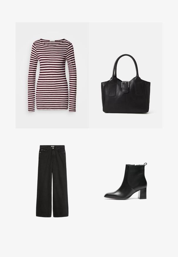 Camisola de mangas longas com decote barco, apresentando riscas horizontais em bordô e branco. Tecido macio e leve com um formato ajustado.; Jeans de denim preto de perna larga com cintura alta. Apresenta cinco bolsos, ferragens metálicas e um acabamento limpo. A textura é suave e macia.; Bota de tornozelo em pele preta com bico arredondado, um salto bloco de altura média e uma aba de puxar na parte de trás. Textura suave, design minimalista.; Bolsa tote de couro preta com textura suave, forma estruturada, duas alças e um destaque prateado proeminente na parte da frente.