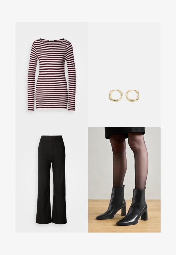 Camisola de mangas longas com decote barco, apresentando riscas horizontais em bordô e branco. Tecido macio e leve com um formato ajustado.; Calças largas pretas com uma textura suave, cintura alta e um design clean. Sem bolsos visíveis ou adornos.; Botas de tornozelo em couro preto com bico fino, salto quadrado robusto e design elegante. Apresenta painéis laterais elásticos para facilitar o calçar.; Brincos de argola dourados com um formato irregular e texturizado. Apresentam um fecho sem emenda e um acabamento polido, destacando um design moderno.