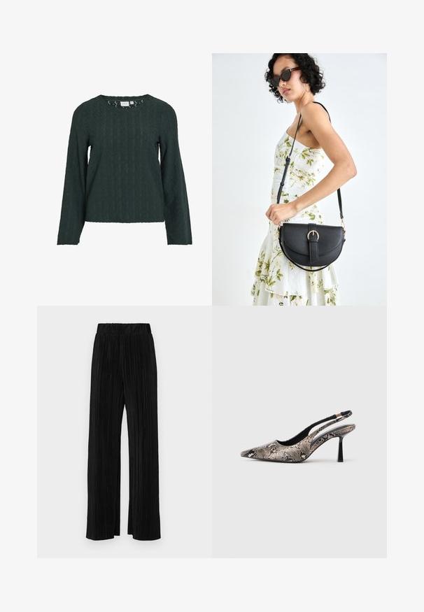 Tamsiai žalia ilgomis rankovėmis palaidinė su tekstūruotu geometriniu raštu, apvaliu iškirpimu ir laisvu siluetu. Audinys atrodo lengvas ir pralaidus orui.; Juodi plisuoti kelnės su elastine juosta. Turėkite plačias kojas ir glotnų, tekstūrinį audinį su vertikaliais dryžiais.; V-formos slingback batai, pagaminti iš tekstūruoto gyvatės odos raštų, su siauru juodu kulnu ir išpjova šonuose.; Juodas odinis krepšys su išlenkta forma, nuimamu dirželiu ir auksiniais detalėmis. Krepšys turi kilpą su sagtimi.