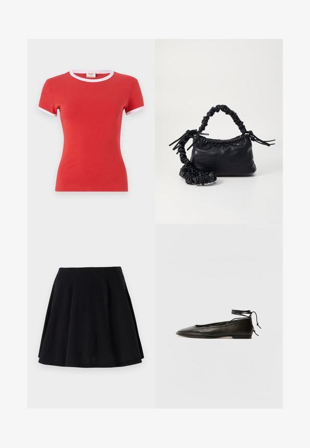 Piros pamut póló testhez álló fazonnal, fehér díszítéssel a kerek nyakkivágáson és rövid ujjakkal. Simaság jellemzi, könnyű anyag.; Fekete pamut szoknya bővülő szabással, derékrészen redőzött kialakítással és sima textúrával. Kiváló választás hétköznapi viseletre.; Fekete bőr balettcipők hegyes orral, bokakötővel és lapos talppal, sima textúrával és minimalista dizájnnal.; Fekete műbőr kézi táska krokodil bőr textúrával, összehúzható tetejű és gyűrt pánttal. Lágy és kompakt dizájnúnak tűnik.