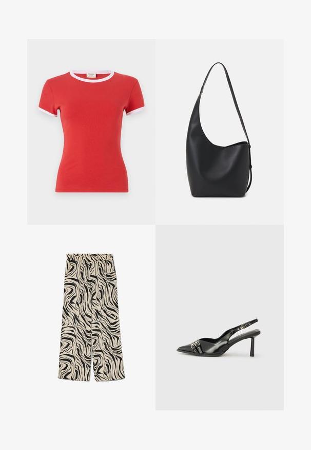Piros pamut póló testhez álló fazonnal, fehér díszítéssel a kerek nyakkivágáson és rövid ujjakkal. Simaság jellemzi, könnyű anyag.; Széles lábú nadrág krém háttéren, amelyet éles fekete, absztrakt zebra minta díszít. Elasztikus derékpánttal és sima textúrával rendelkezik.; Fekete lakk bőr, hegyes orrú slingback cipő, boka pántokkal, ezüst csatokkal és hardverelemekkel, valamint karcsú sarkú.; Fekete bőr hobo táska sima textúrával, ívelt formával és egyetlen állítható pánttal; széles nyílás található a tetején.