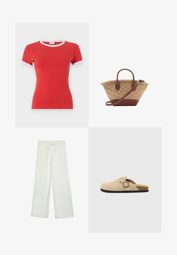 Rode katoenen t-shirt met een getailleerd design, voorzien van witte accenten bij de ronde hals en korte mouwen. Gladde textuur, lichtgewicht stof.; Witte wijde broek van zacht materiaal. Heeft een elastische tailleband met een trekkoord en een gladde textuur. Geen zichtbare patronen of hardware.; Beige suède instapklompen met een kurken voetbed, een ronde teen en een eenvoudige band met een goudkleurige gesp. Rubberen zool voor grip.; Geweven rieten tas met bruin lederen accenten, twee handvatten en een afneembare schouderband. Gebogen vorm met een stevige basis.