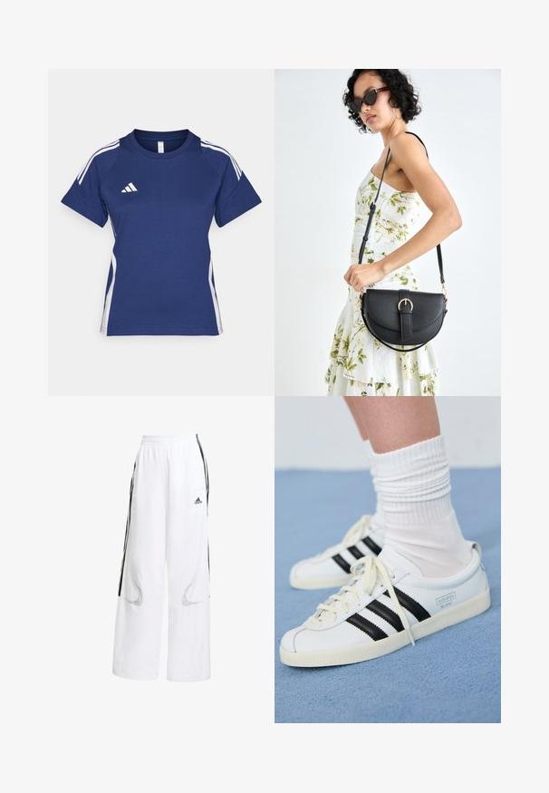 Marineblåt atletisk t-shirt med hvide sidelister og Adidas-logo på brystet. Korte ærmer og rund halsudskæring. Blandingsmateriale af bomuld.; Hvide atletiske bukser med løs pasform, der har sorte sidelister, elastisk talje og meshudskæringer for ventilation.; Hvide lædersneakers med sorte striber, cremefarvet sål og lyse snørebånd. Båret med hvide ribbede sokker, placeret på blå baggrund.; Sort læderhåndtaske med en buet form, aftagelig rem og guldfinish. Tasken har en klap med en spænde detalje.
