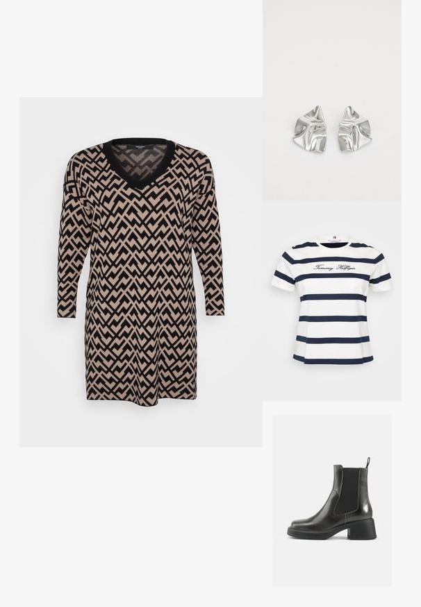 Fehér póló, tengerészkék vízszintes csíkokkal, kerek nyakkivágással, rövid ujjakkal, az elején cérnával hímzett "Tommy Hilfiger" felirattal.; Kötött ruha V-nyakkal, hosszú ujjal és zikk-zakk mintával fekete és bézs színekben, puha textúrával és laza szabással.; Fekete bőr bokacsizmák sima felülettel, rugalmas oldalsó panelekkel és vastag sarkakkal. Jellemzőjük egy húzófül, amely megkönnyíti a felvételt.; Ezüst fém fülbevalók hullámos, szobrászati kialakítással, fényes felülettel és szabálytalan formákkal, amelyek a kortárs esztétikát hangsúlyozzák.