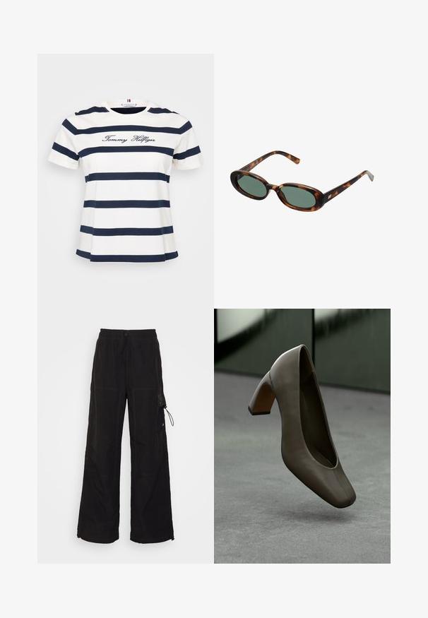 T-shirt blanc avec des rayures horizontales marines, col rond, manches courtes et "Tommy Hilfiger" brodé en cursive sur le devant.; Blouse noire avec un motif de feuilles en beige. Elle possède des manches longues, un col froncé et une coupe ample. Fabriquée en tissu léger.; Pantalons larges noirs fabriqués dans un tissu texturé. Dotés d'une taille élastique avec cordon de serrage, de poches latérales et de détails de couture contrastants.; Chaussure à talon haut en cuir vert olive foncé avec un bout carré et un talon bloc, flottant au-dessus d'un sol en béton gris avec un arrière-plan vert flou.; Lunettes de soleil en écaille de tortue avec des montures ovales et des verres verts. Elles présentent des branches fines avec un accent métallique près des charnières.; Sac à main en cuir marron avec deux poignées robustes, de forme rectangulaire, texture lisse et fermeture zippée. Design minimaliste sans motifs visibles.; Boucles d'oreilles en métal argenté avec un design ondulé et sculptural, présentant une finition polie et des formes irrégulières, mettant en valeur une esthétique contemporaine.