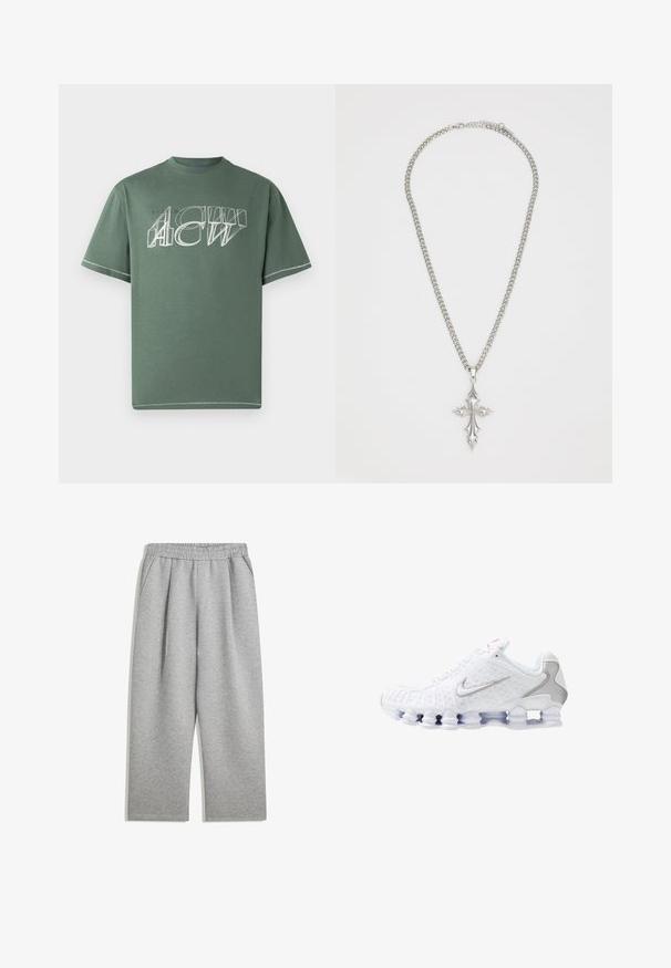 Zelené bavlněné tričko s krátkým rukávem, s bílým grafickým potiskem v úhlovém designu na přední straně a kontrastním prošíváním podél lemu.; Světle šedé tepláky s elastickým pasem a bočními kapsami, rovný střih nohavic, vyrobené z měkké tkaniny.; Bílé sportovní boty s texturovaným svrškem, stříbrným logem ve tvaru háčku, síťovanými panely a výraznou rozdělenou bílou podrážkou.; Stříbrný řetízkový náhrdelník s velkým, zdobeným křížem s ostrými akcenty a lesklým povrchem. Řetízek je silný a plochý.