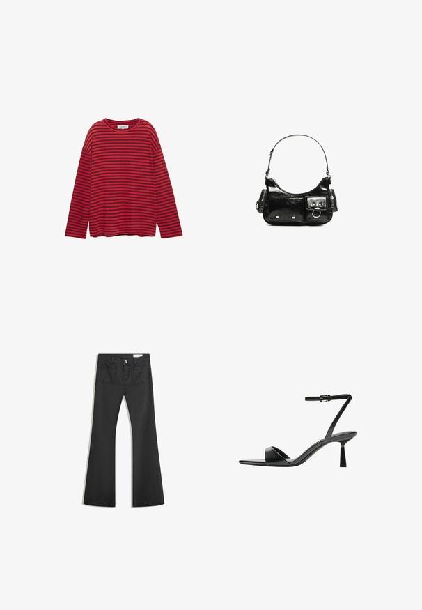 Rød og marineblå stribet langærmet T-shirt lavet af bomuld, med rund halsåbning og afslappet pasform med sænkede skuldre.; Sorte flared jeans lavet af denim med en glat tekstur, som har to baglommer og en knaplukning i taljen.; Bershka Højhælede sandaletter / Højhælede sandaler - black; Sort patenteret læder håndtaske med en buet form, en skulderrem, frontlommer og hardware accenter i sølvfarve.