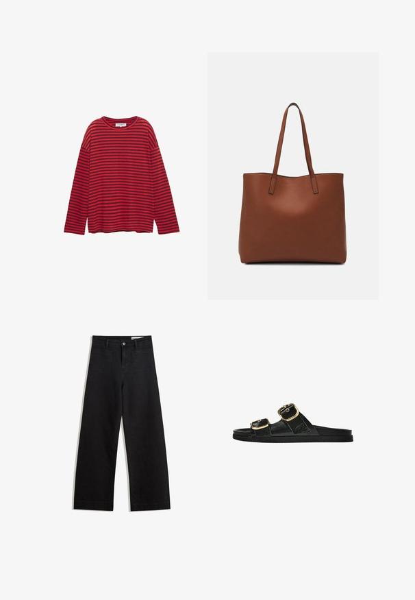 Tricou pe gât rotund cu mânecă lungă, cu dungi roșii și bleumarin, realizat din bumbac, având un croi lejer și umeri lăsați.; Pantaloni din denim negri cu picioare largi, cu talie înaltă, având buzunare frontale și posterioare, cusături dublate și închidere cu nasture. Textură netedă.; Sandalie negre cu toc plat, cu două accente de cataramă aurie, din material texturat neted și design minimalist.; Geantă de umăr din piele maro cu o textură netedă, design cu vârf deschis și două curele pentru umăr. Prezintă cusături minime și fără componente metalice vizibile.