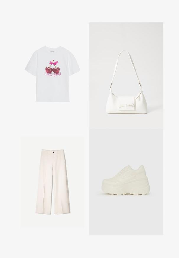 Tricou alb din bumbac cu un design grafic care prezintă două cireșe roșii lucioase cu o fundiță roz deasupra și textul "Sweet Candy" în roz.; Pantaloni largi de culoare crem, cu un design croit, având două buzunare la față și o închidere cu un singur nasture în față, realizați dintr-un material neted.; Adidași platformă albi, cu un superior neted asemănător cu pielea, formă rotunjită, guler căptușit și talpă din cauciuc texturată cu borduri bine definite.; Geantă sintetică albă, cu formă triangulară, capac frontal plat și detaliu cu fundă, curea ajustabilă, textură netedă și design minimalist.