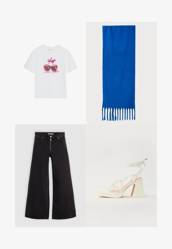 White cotton t-shirt featuring a graphic design of two glossy red cherries with a pink bow above and the text "Sweet Candy" in pink.; Wide-leg jeans in black denim with a zippered front, five-pocket design, and subtle stitching details. Smooth texture and casual style.; White high-heeled sandal with a chunky heel, featuring a strappy design and ankle tie. Smooth texture with a platform front for added height.; Blue fringed scarf made of soft fabric; features a solid color with a textured surface and evenly cut fringe at the bottom.