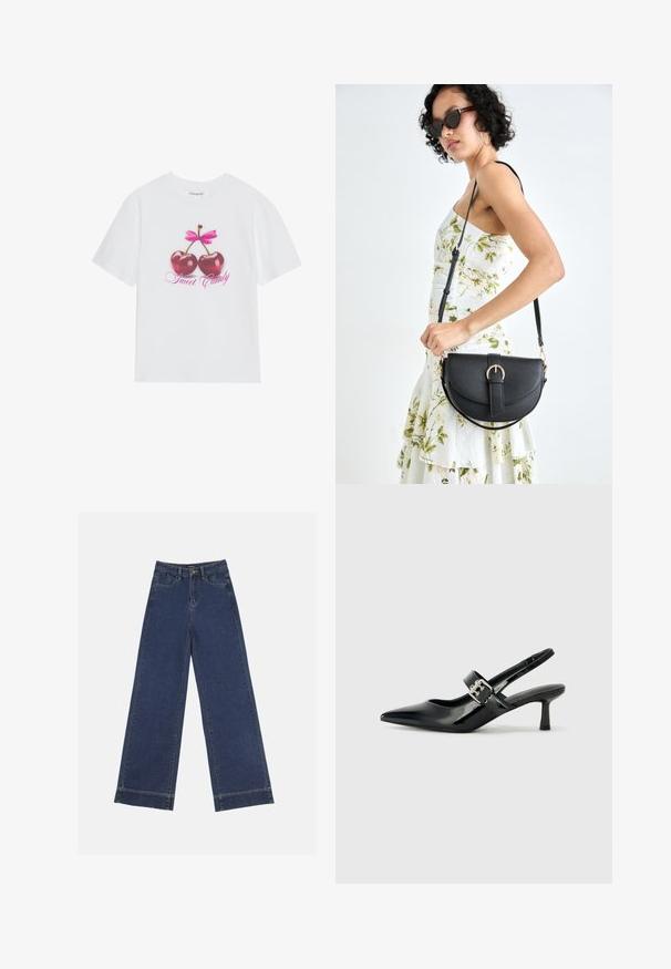 Bijela pamučna majica s grafičkim dizajnom dviju sjajnih crvenih trešanja s ružičastom mašnom iznad i natpisom "Slatki bombon" u ružičastoj boji.; Široke traperice u tamnoplavom denimu. Imaju pet džepova, petlje za pojas i siroki rub na dnu s vidljivim detaljima šavova.; Crne lakirane slingback potpetice s oštrim prstom i malom blok petom, s naglaskom na srebrnoj kopči na remenu.; Crna kožna torba s lukovitim oblikom, odvojivim remenom i zlatnim detaljima. Torba ima preklop s kopčom.