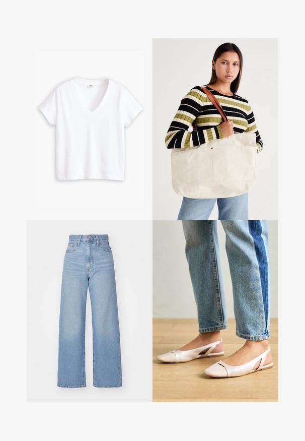 Weißes Baumwoll-T-Shirt mit V-Ausschnitt, kurzen Ärmeln und gerader Saumlinie. Weiche Textur, minimalistisches Design, keine Muster oder Akzente.; Hellblaue High-Waist-Weite-Leg-Jeans mit Knopf- und Reißverschluss vorne, Vorder- und Rückentaschen, auf weißem Hintergrund.; Blassrosa Slingback-Ballerinas mit spitzem Punkt, aus einem glatten, lederähnlichen Material. Mit Ausschnitten an den Seiten und einem flachen Absatz.; Große beige Leinen-Totetasche mit braunen Ledergriffen, die ein minimalistisches Design und sichtbare Nähte aufweist.