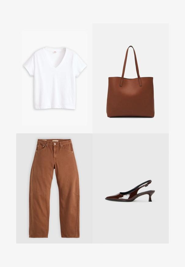 Hvit bomulls t-skjorte med v-hals, korte ermer og rett søm. Myk tekstur, minimalistisk design, ingen mønstre eller detaljer.; Rostbrune rett-skaftede jeans med front- og baklommer, metallnitter, knappeåpning og beltehemper, lagt flatt på en hvit bakgrunn.; Brune patentlæder slingback sko med spids tå og moderat hæl. Har en spænde rem for sikker pasform. Glat tekstur.; Brun lær tote veske med en jevn tekstur, åpen toppdesign og to skulderstropper. Har minimal søm og ingen synlige spiker.