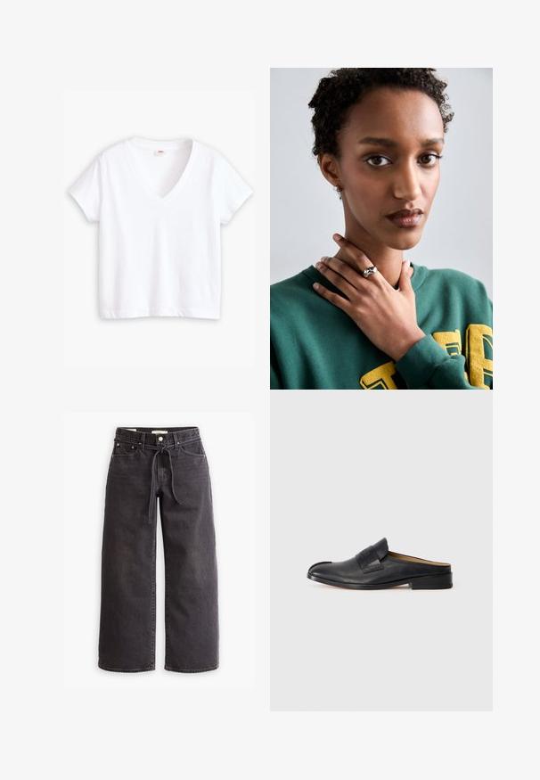 Biela bavlnená tričko s výstrihom do V, krátkymi rukávmi a rovnou spodnou časťou. Mäkko textúra, minimálny dizajn, bez vzorov alebo akcentov.; Čierne široké džínsy vyrobené zo denimu, s elastickým pásom na šnúrku, piatimi vreckami a kontrastným prešívaním. Rovný predný dizajn.; Čierne kožené mule topánky s plochou podrážkou, zaoblenou špičkou a širokým pásom cez hornú časť, ktorý obsahuje decentné logo a detaily prešívania.; Strieborný prsteň s hladkým, zakriveným dizajnom a akcentom v tvare hviezdy. Modelka v zelenom mikinovom tričku so žltým nápisom, s rukami pri krku.