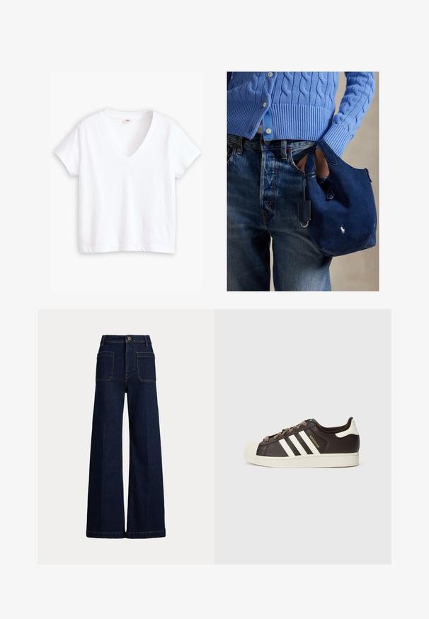 White cotton t-shirt with a v-neck, short sleeves, and a straight hemline. Soft texture, minimal design, no patterns or accents.; Wide-leg dark blue denim jeans with a high waist, five-pocket design, and contrasting stitching. Features a button closure and a structured shape.; Low-top Adidas Superstar sneaker in dark brown leather with cream shell toe, white stripes, and "Superstar" text on the side.; Navy suede handbag with soft texture, dual handles, and a small attached tag. Features a white logo on the front and a rounded bottom.