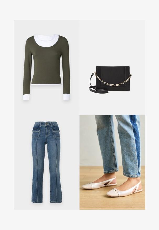 Long-sleeve top featuring an olive green body, white round collar, and white cuffs. Made of ribbed fabric with a fitted design.; ONLY Petite ONLWAUW MID WAIST FLARED - Flared Jeans - medium blue denim; Pale pink slingback flats with a pointed toe, made from a smooth leather-like material. Features cut-out details at the sides and a flat heel.; Black leather crossbody bag featuring a smooth texture, rectangular shape, and a metallic chain detail on the front. Adjustable strap included.