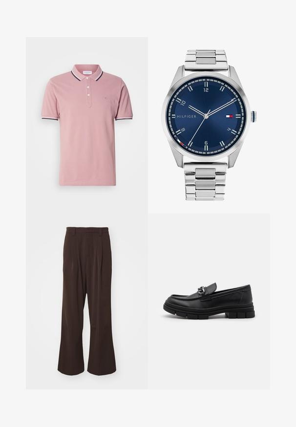 Rózsaszín póló ing, két gombos nyakkal, bordázott gallérral, amely tengerészkék és fehér csíkozással díszített, és finoman hímzett logóval a mellkason.; Barna, bő szabású nadrág magas derékkal, elülső redőkkel és övhurkokkal, sima, könnyű anyagból készült.; Fekete bőr mokaszín, lekerekített orral, díszes pánttal és fém kiegészítővel, valamint vastag, texturált talppal. Simább felület, finom részletezéssel.; Ezüst színű fém óra kék, kefélt számlappal, fehér órijjelezőkkel és dátumkijelzővel. Fém, láncolt szíj és márkalogó jellemzi.; Ezüst lánc nyaklánc, vastag gyűrűkkel és középen egy részletes díszítéssel ellátott kör alakú medállal. Simára polírozott, fényes fémfelület.