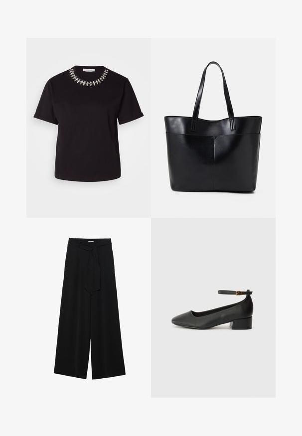 Sort T-shirt med korte ærmer og rund halsudskæring, udstyret med en dekorativ krave af sølvperler. Lavet af blød, glat stof.; Sorte vide bukser i en tekstureret stofkvalitet, med elastisk talje og et aftageligt bånd i taljen for justerbar pasform.; Sorte læderpumper med spids tå og en lav blokhæl. Har en ankelrem med en guldfarvet spænde. Glat tekstur.; Sort læder tote taske med to lange håndtag, en glat tekstur og en struktureret form. Har en forlommem for ekstra opbevaring.