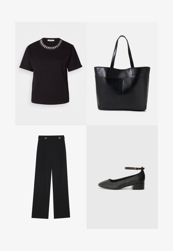 Black short-sleeve T-shirt with a round neckline, featuring a decorative silver beaded collar. Made of soft, smooth fabric.; Black wide-leg trousers with high waist, button details on waistband, and front pleats.; Black leather pump with a pointed toe and a low block heel. Features an ankle strap with a gold-tone buckle. Smooth texture.; Black leather tote bag with two long handles, a smooth texture, and a structured shape. Features a front pocket for additional storage.