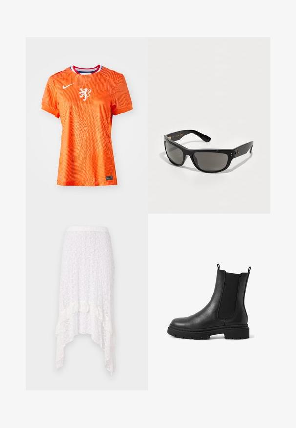 Orange soccer jersey with white lion emblem, round neckline with red and blue accents, dotted pattern surface, short sleeves, and black tag detail.; Lace white skirt with a textured floral pattern, high-low hem, and ruffled accents at the bottom, featuring an elastic waistband.; Black leather ankle boot with a chunky rubber sole, elastic side panels, and pull tabs, featuring a smooth texture and rounded toe design.; Black sunglasses with dark grey lenses, featuring a sleek plastic frame, slightly angular design, and subtle gold detailing on the temple.