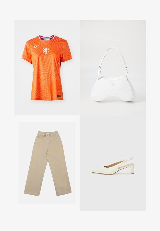 Orange fotbollströja med vitt lejonemblem, rund halsringning med röda och blå detaljer, prickig yta, korta ärmar och svart etikett.; Beiga vida byxor i denim med hög midja, framfickor och kontrasterande sömmar. Designen inkluderar en knäppning.; Vit patentläder slingback-sko med spetsig tå och låg blockklack. Har en diskret rem med detalj i guldton.; Vit handväska med en slät, glänsande yta, rundad form och ett justerbart axelband. Har en logotyp präglad på framsidan.; Ring i guldutförande med en organisk, vriden design, slät yta och avsmalnande ändar, vilket ger ett modernt, skulpturalt utseende.