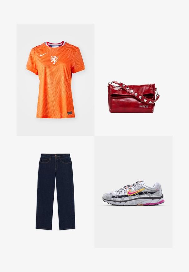 Orange Fußballtrikot mit weißem Löwenemblem, Rundhalsausschnitt mit roten und blauen Akzenten, gepunktete Oberfläche, kurze Ärmel und schwarzes Etikett.; Dunkelblaue Denim-Jeans mit geradem Schnitt, fünf Taschen und kontrastierenden orangen Nähten. Der Bund umfasst einen Metallknopf und einen Reißverschluss.; Graunetz-Laufschuh mit einem auffälligen pinken und gelben Swoosh, schwarzen Akzenten und einer strukturierten Gummisohle. Verfügt über eine verstärkte Zehenpartie und einen gepolsterten Kragen.; Rote synthetische Leder-Schultertasche mit einem Überklappdeckel, silbernen Druckknopfakzenten am Riemen und einem bedruckten "Desigual"-Logo.